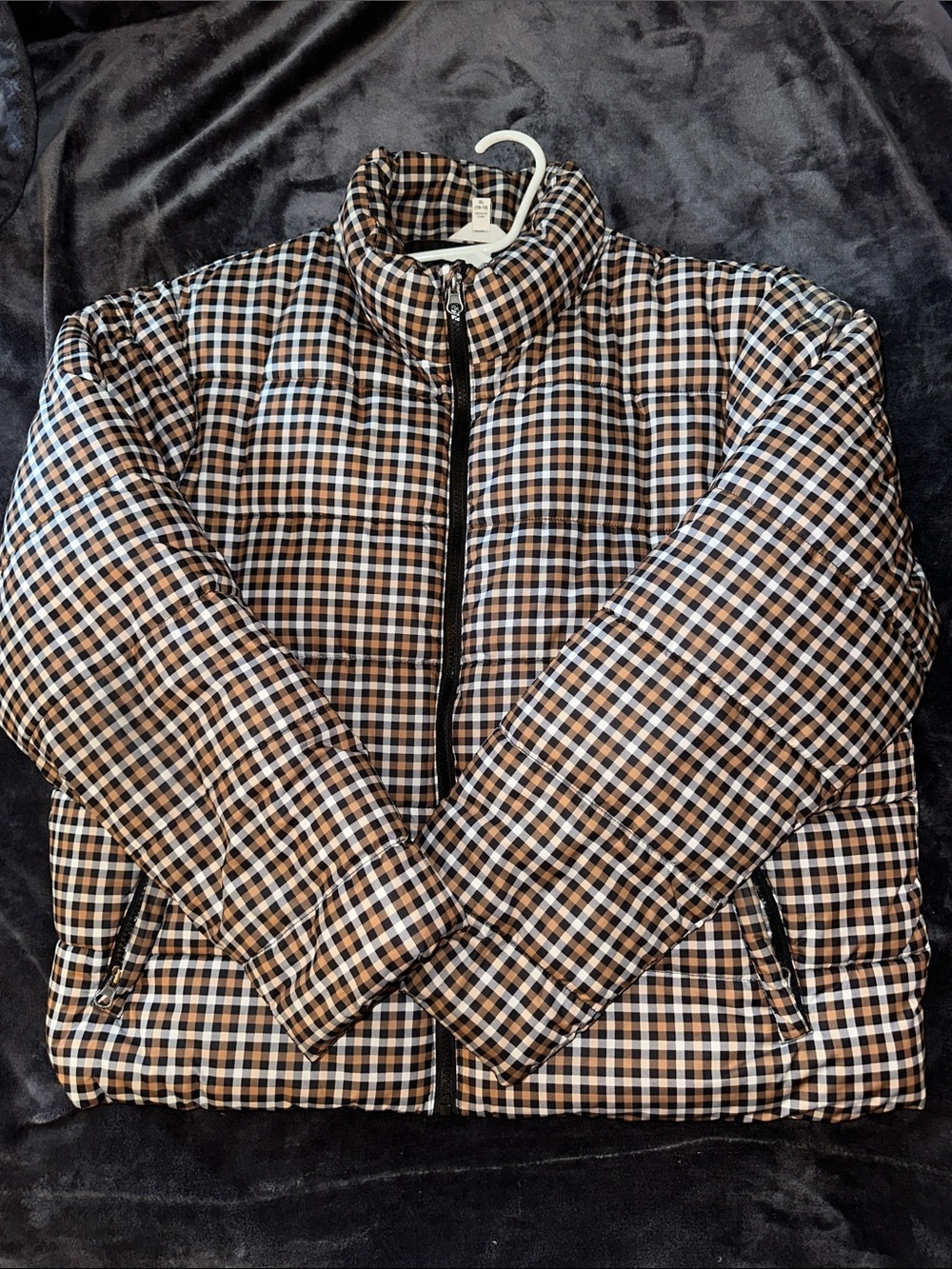 Women’s Plaid Puffer Jacket - Brown/Black/White. Very good condition
